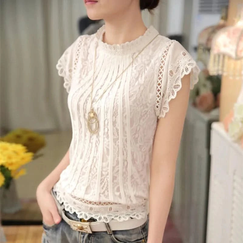 Summer Casual Solid Blouses for Women Petal Sleeve Floral Lace Tops Sweet Chiffon O-neck Short Shirts Elegant Chic New 01C - M & M Global