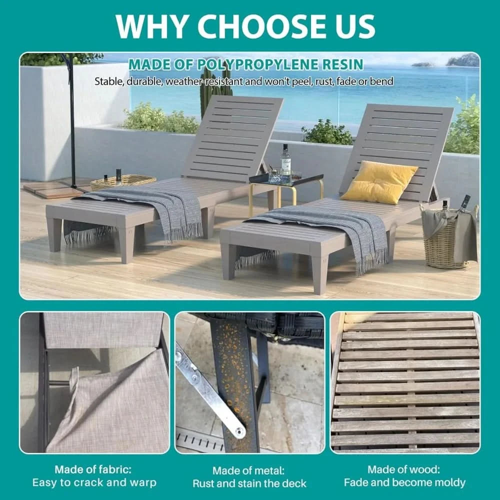 Outdoor Chaise Lounge Chair Set of 2 for Poolside Patio, Water-Resistant Tanning Chair Recliner with Adjustable Backrest,