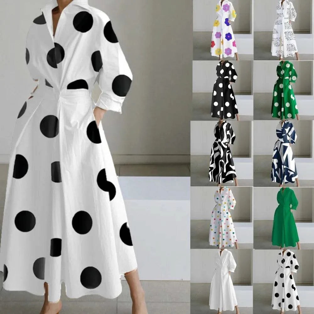 Autumn Dress Long Sleeve Dot Print Elegant Maxi Dresses For Women 2023 White Casual V Neck Shirt Party Long Dress Robe Femme - M & M Global