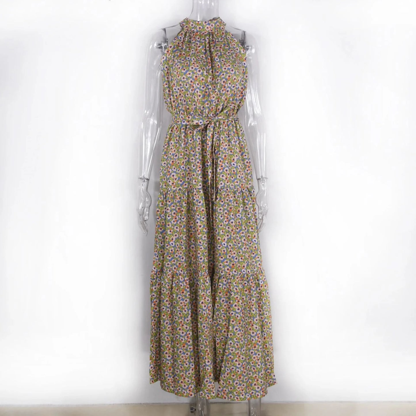 Summer Floral Print Halter Neck Dresses For Women Sleeveless Leace-up Long Dress Casual Beach Holiday Vestidos Female Clothing - M & M Global