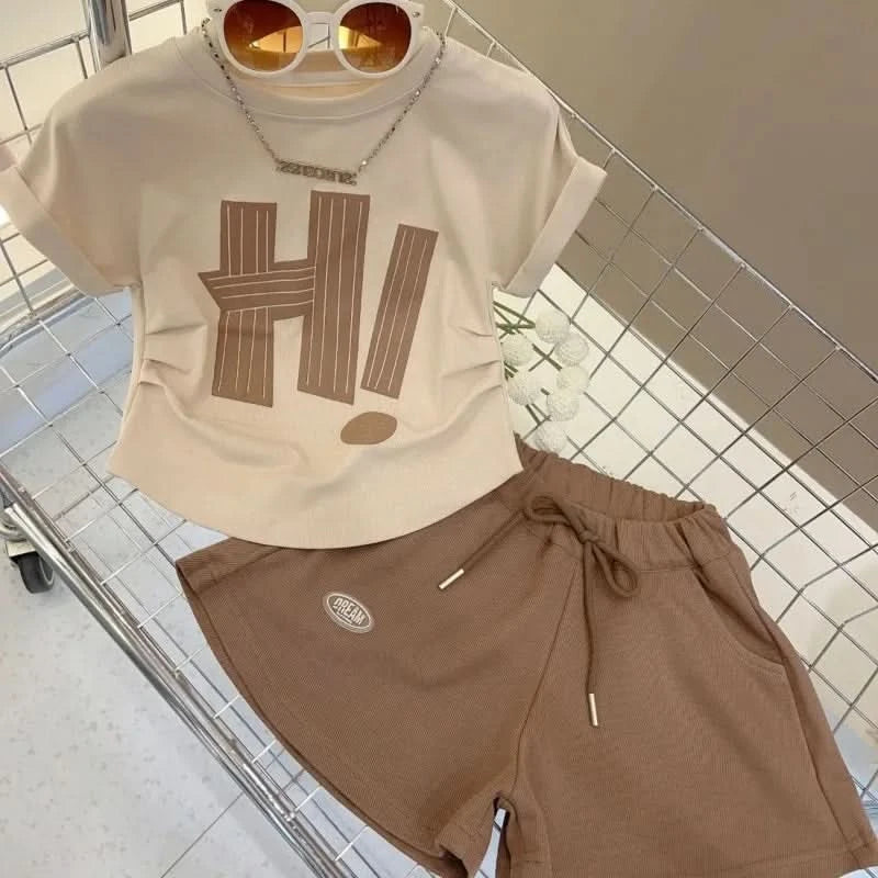 Girls Clothes Sets 2024 Summer Children Short-sleeved Suit Teenage Girls Letter T-shirt Shorts Tracksuit Outfit Clothing Set - M & M Global