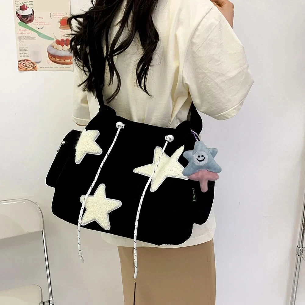 Women Star Pattern Corduroy Crossbody Bag Casual Tote Lady Fashion Large Capacity Shoulder Bag Girl Travel Messenger Bag Handbag - M & M Global