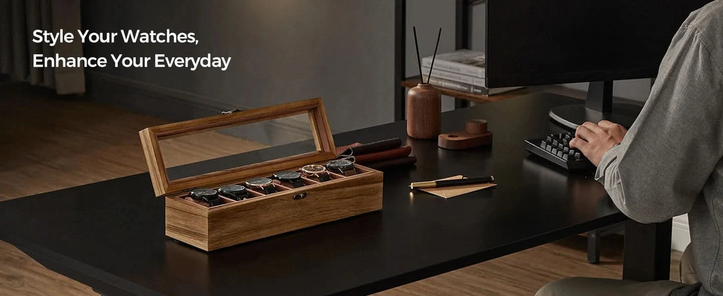 SONGMICS Watch Box, 6-Slot Watch Case, Solid Wood Watch Box Organizer with Glass Lid, Watch Display Case with Removable Pillows - M & M Global