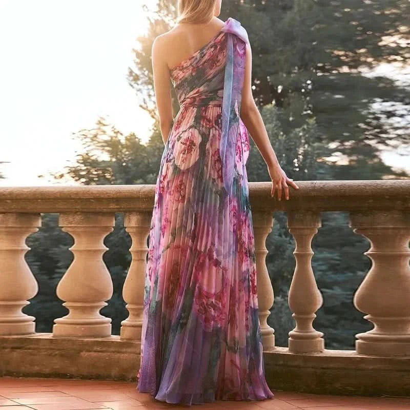 Sexy Summer Party Dress Women Fashion Bow Straps High Waist Pleated Beach Dress Chiffon Casual Floral Print Bohemian Long Dress - M & M Global