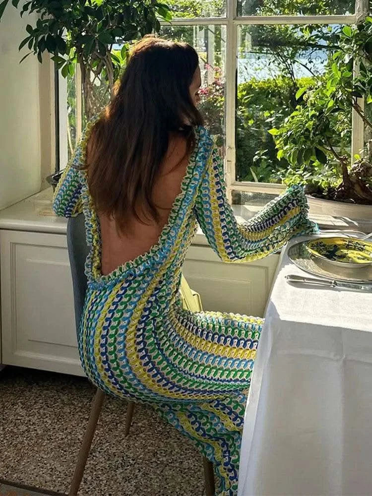 Contrast A-line Vestidos 2025 Female Party Club Vacation Robes Sexy Backless Women's Flare Sleeves Long Dress Fashion Elegant - M & M Global