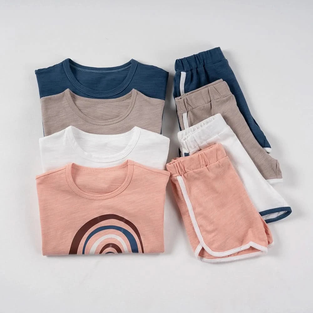 Summer 2pcs Children Clothes Sets Korea Moon Print Outfits Muslin Patchwork Casual Suits Kids Shorts T-shirt Boys Girls Outfits - M & M Global