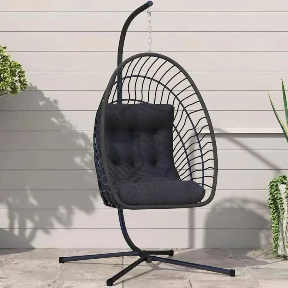 Hanging Egg Chair with Stand Indoor Outdoor, Foldable Rattan Wicker Hammock Egg Swing Chair for Bedroom Porch Patio Garden
