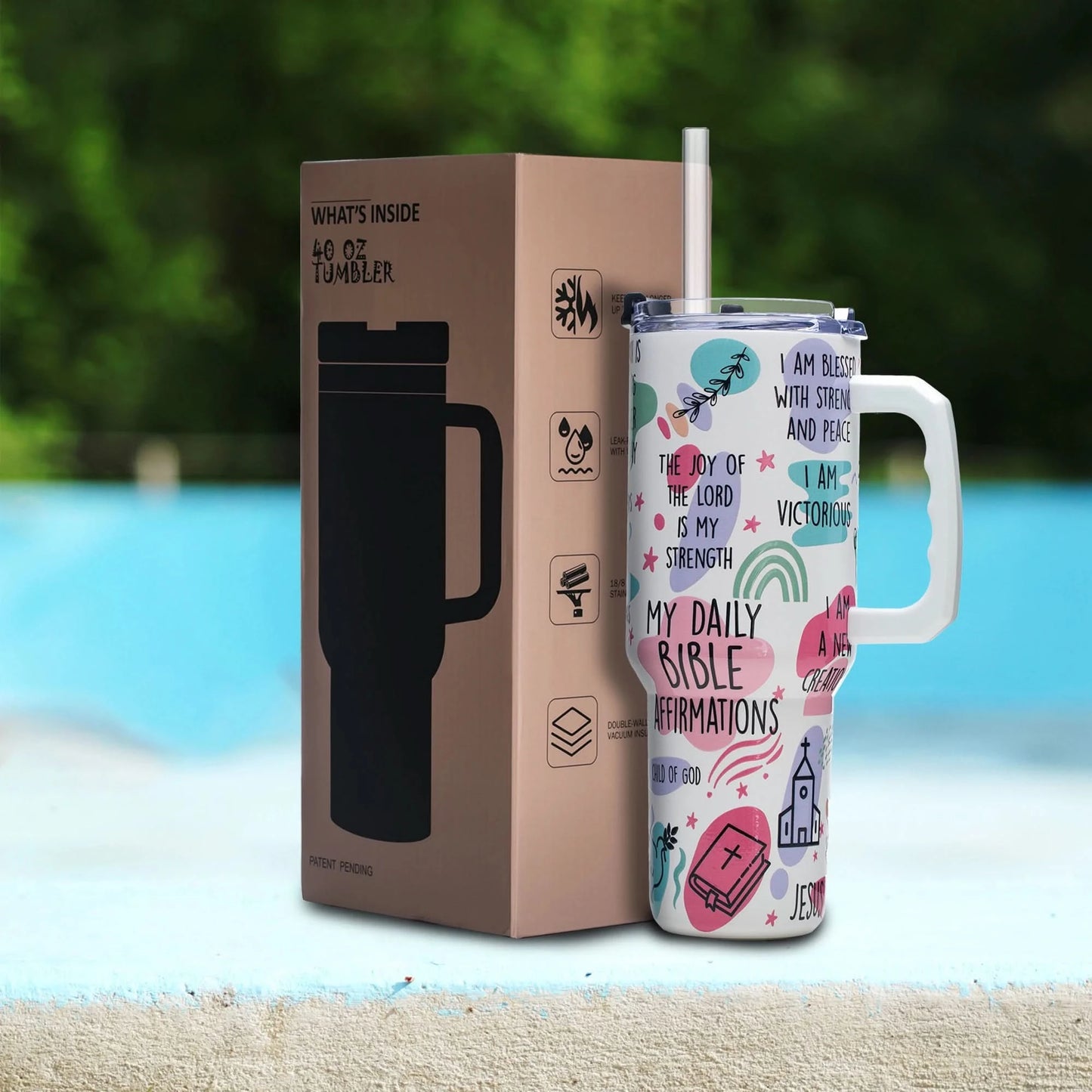 40oz Faith Quote Tumbler with Butterfly Art, Vacuum Insulated Stainless Steel with Handle and Wide Mouth, Gift for Christian Wom