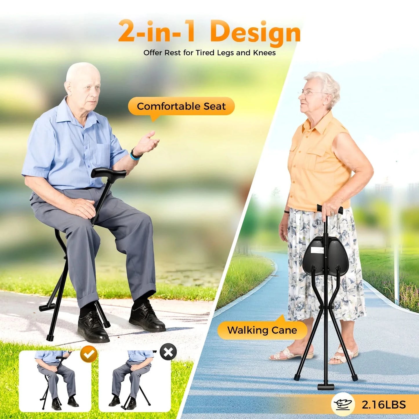 Portable Folding Cane with Seat Travel Cane Chair Walking Cane Walking Chair Walking Stick Walking Stool Load 249.12lbs Black