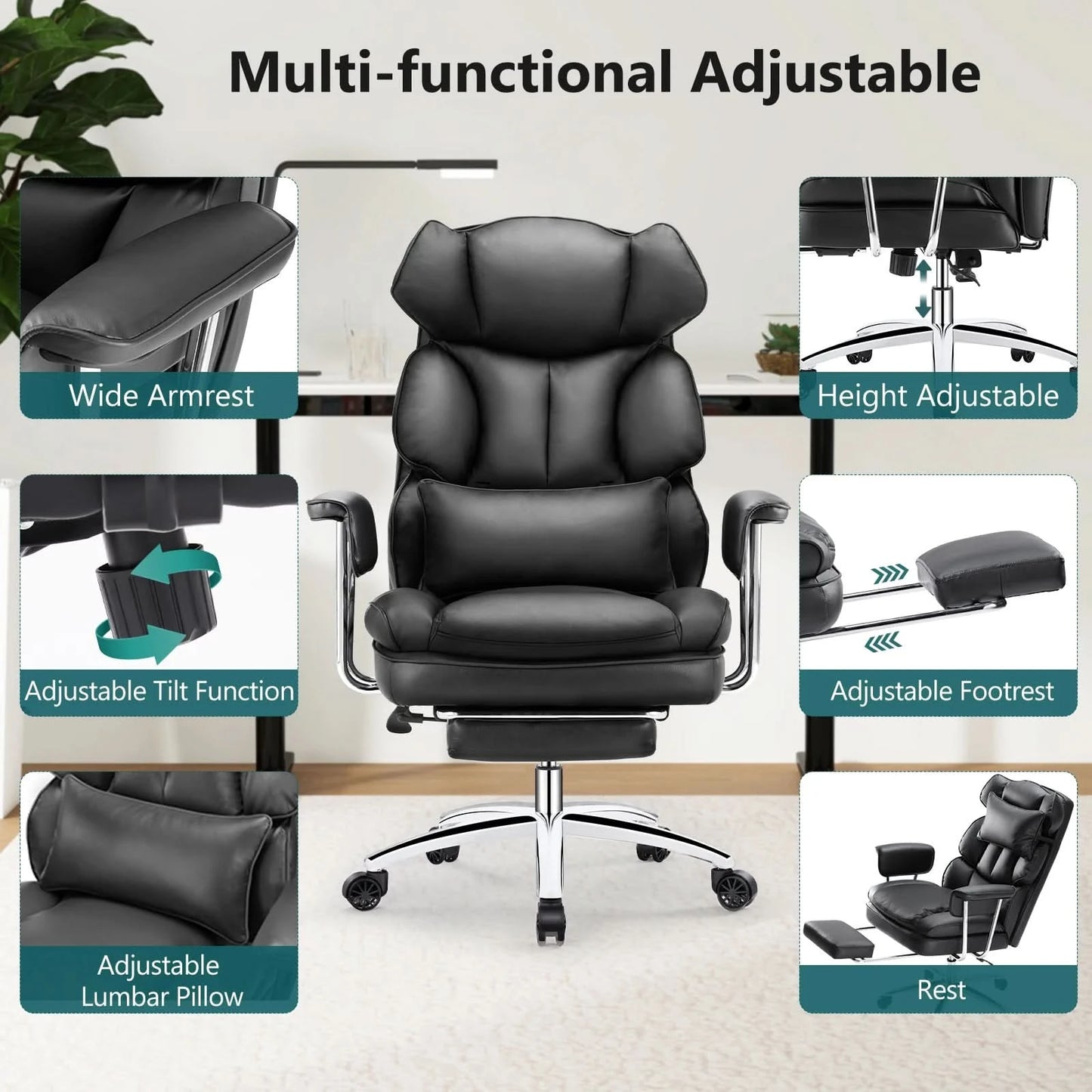 JHK PU Leather Ergonomic Office Computer Desk Chair High Back with Footrest Lumbar Support Height Adjustable For Home Office