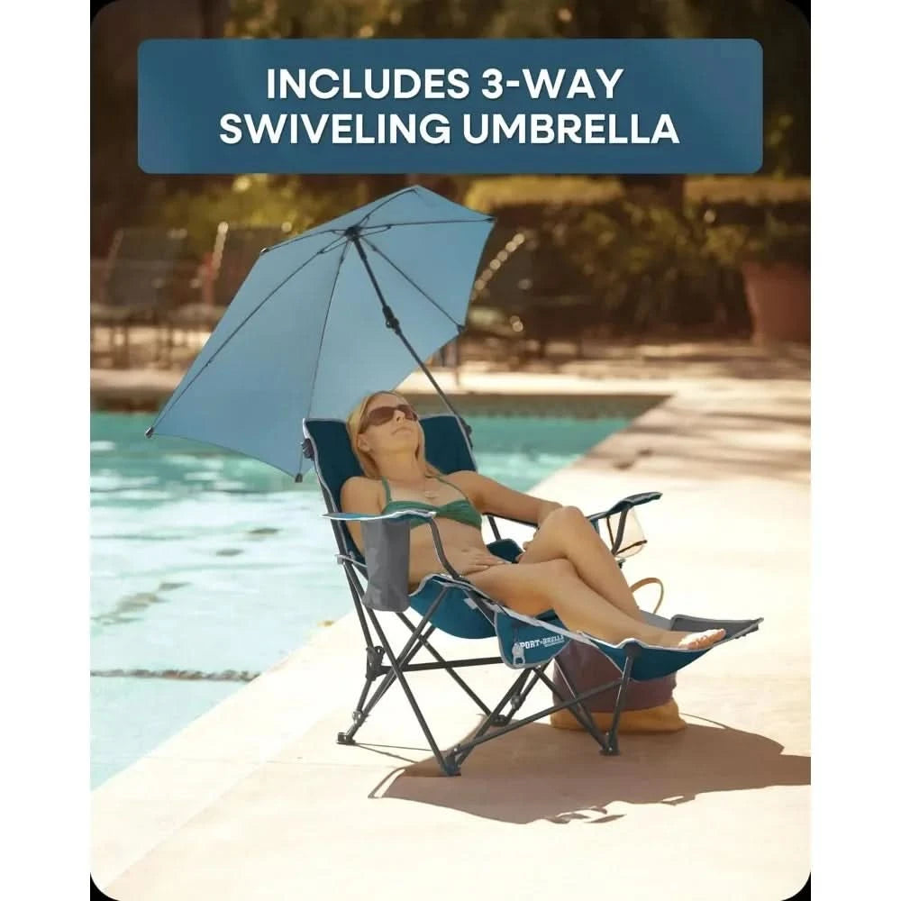 Reclining Beach Chair, 3-position adjustability with detachable detachable footrest lets, swiveling umbrella with UPF50+material