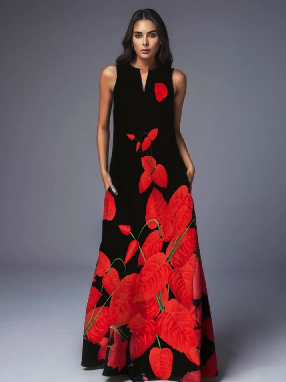 Lady Spring Summer Black Long Dress Sleeveless Red Petals Print Elegant Dresses For Women 2023 Party Beach Women Dress - M & M Global