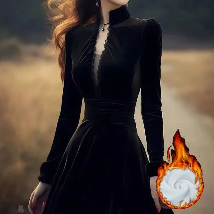 OCEANLOVE Autumn Winter Dresses for Women Hepburn Style Vintage Solid Black Vestidos Mujer Stand Collar Elegant Long Dress - M & M Global
