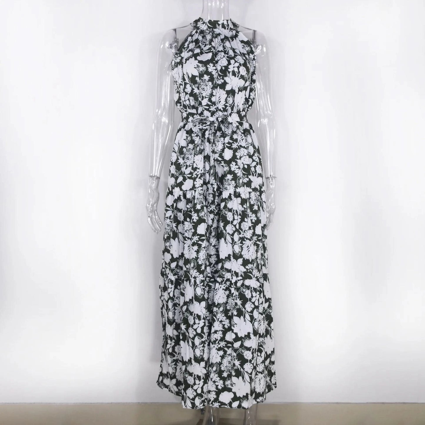 Summer Floral Print Halter Neck Dresses For Women Sleeveless Leace-up Long Dress Casual Beach Holiday Vestidos Female Clothing - M & M Global