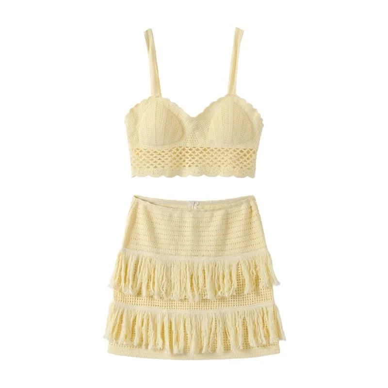 Sexy Beading Halter Bikini Mini Skirt Sets Women Backless Twist Crop Top High Waist Hip Package Skirts 2025 Spring Lady Outfit - M & M Global