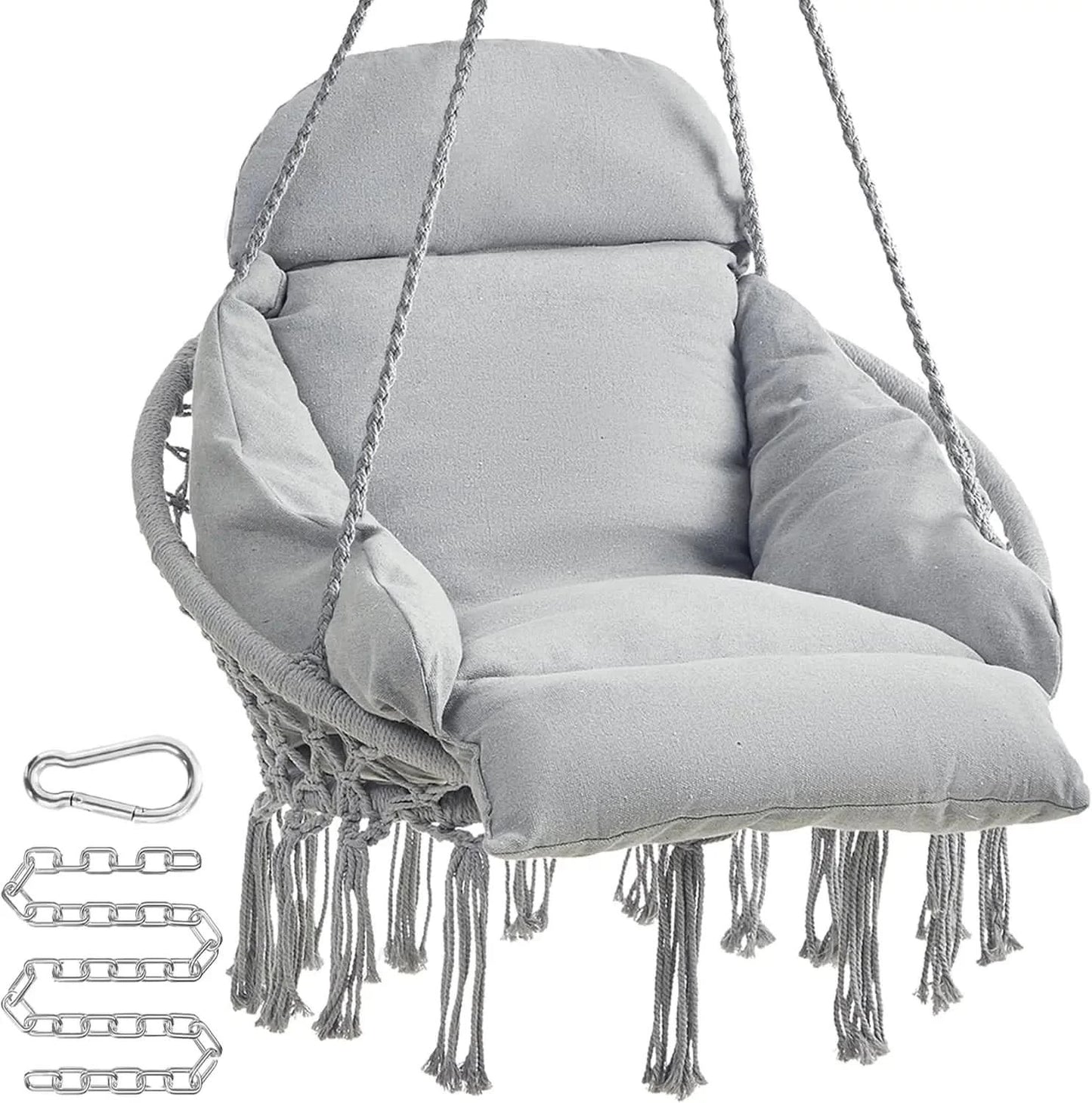 Hanging Chair. Hammock Chair with Thick Cushion. Boho Swing. Holds 264 lb. Accessories Included. Dove Gray. UGDC042G11.