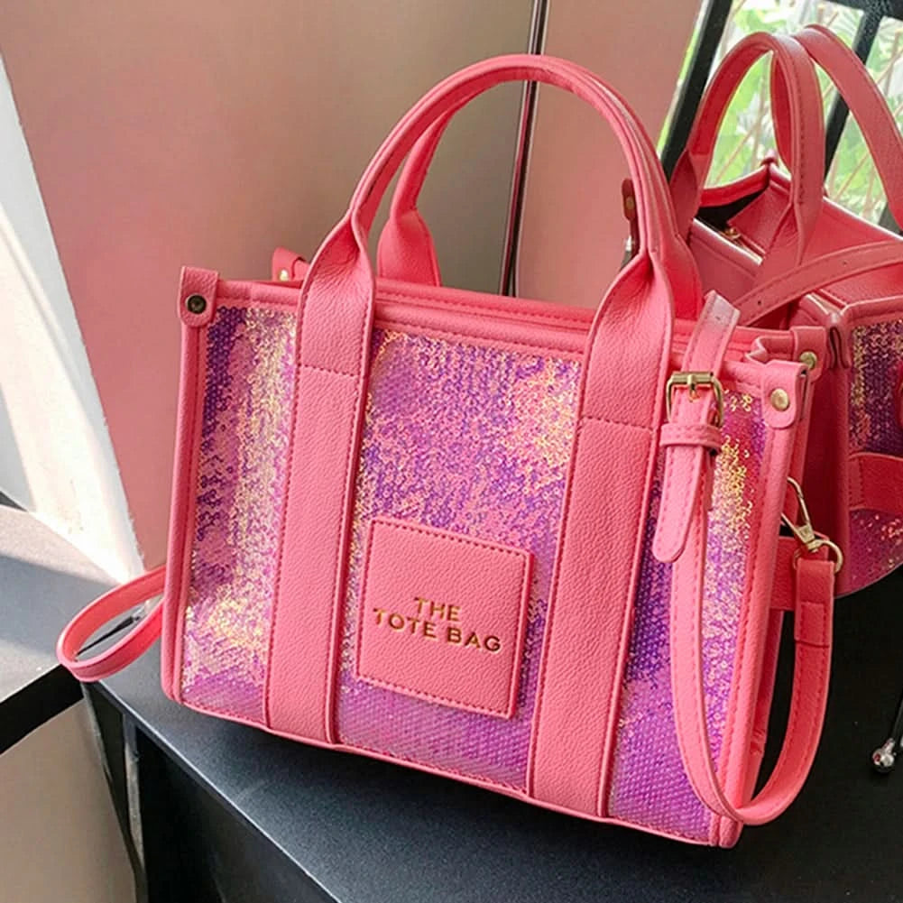 New The Tote Bag Letter Printed Sequins Top-Handle Bag Women Leather Handbag Luxury Designer Glitter Shoulder Crossbody Bag - M & M Global