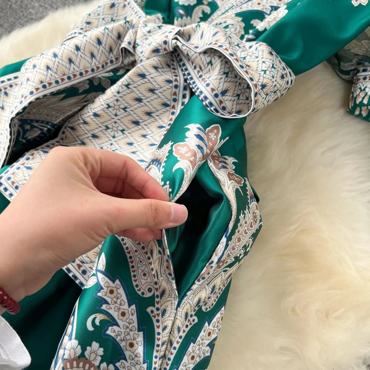 Summer Bohemian Paisley Print Long Dress Women V-Neck Short Puff Sleeve Vintage Print Bandage Lace Up Robe Vestidos Clothes 6237 - M & M Global