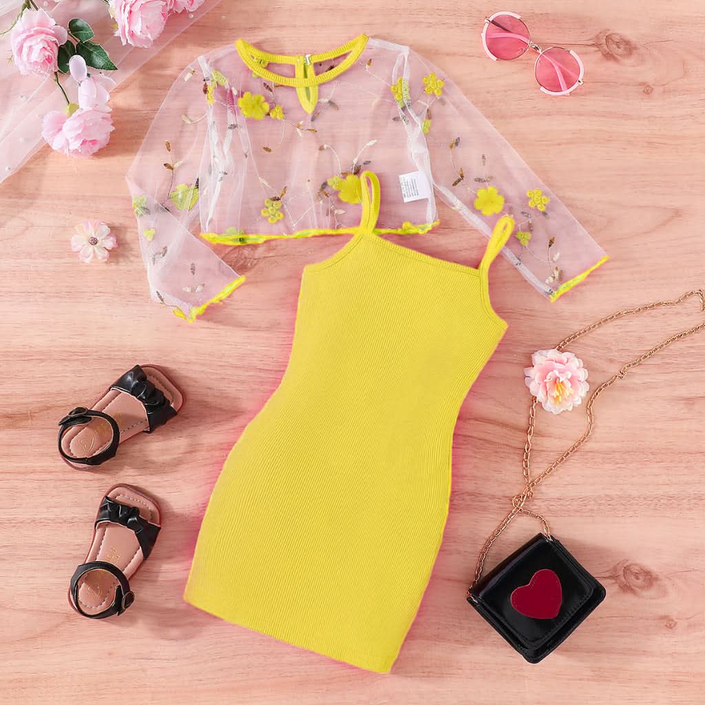 Kid Girl 2-7 Years old Long Sleeve Top Floral embroidery mesh Suspenders Skirt Princess Dresses Summer Outfit Clothing Set - M & M Global