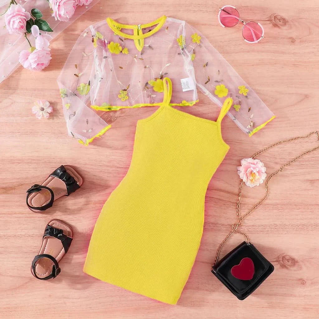 Kid Girl 2-7 Years old Long Sleeve Top Floral embroidery mesh Suspenders Skirt Princess Dresses Summer Outfit Clothing Set - M & M Global