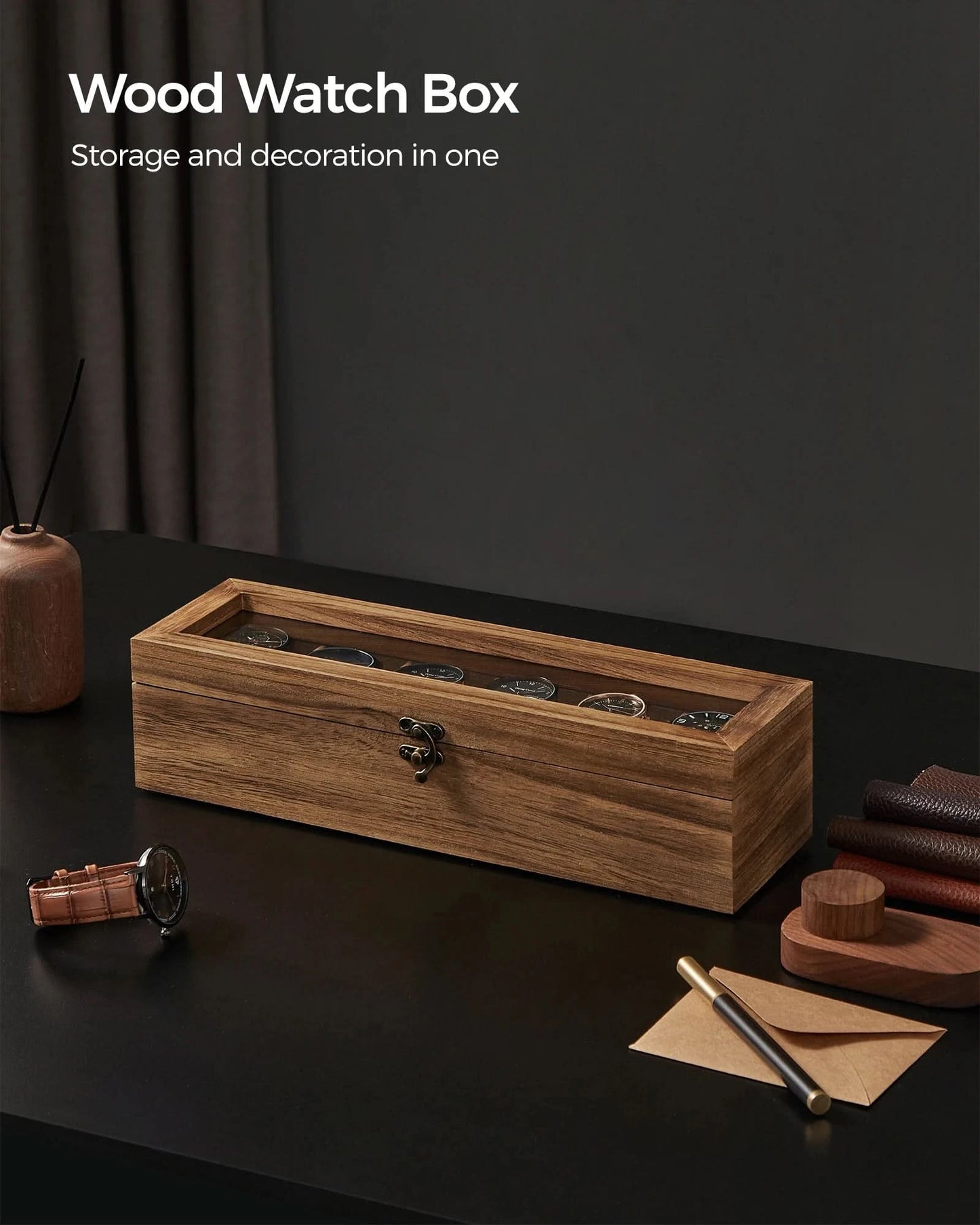 SONGMICS Watch Box, 6-Slot Watch Case, Solid Wood Watch Box Organizer with Glass Lid, Watch Display Case with Removable Pillows - M & M Global