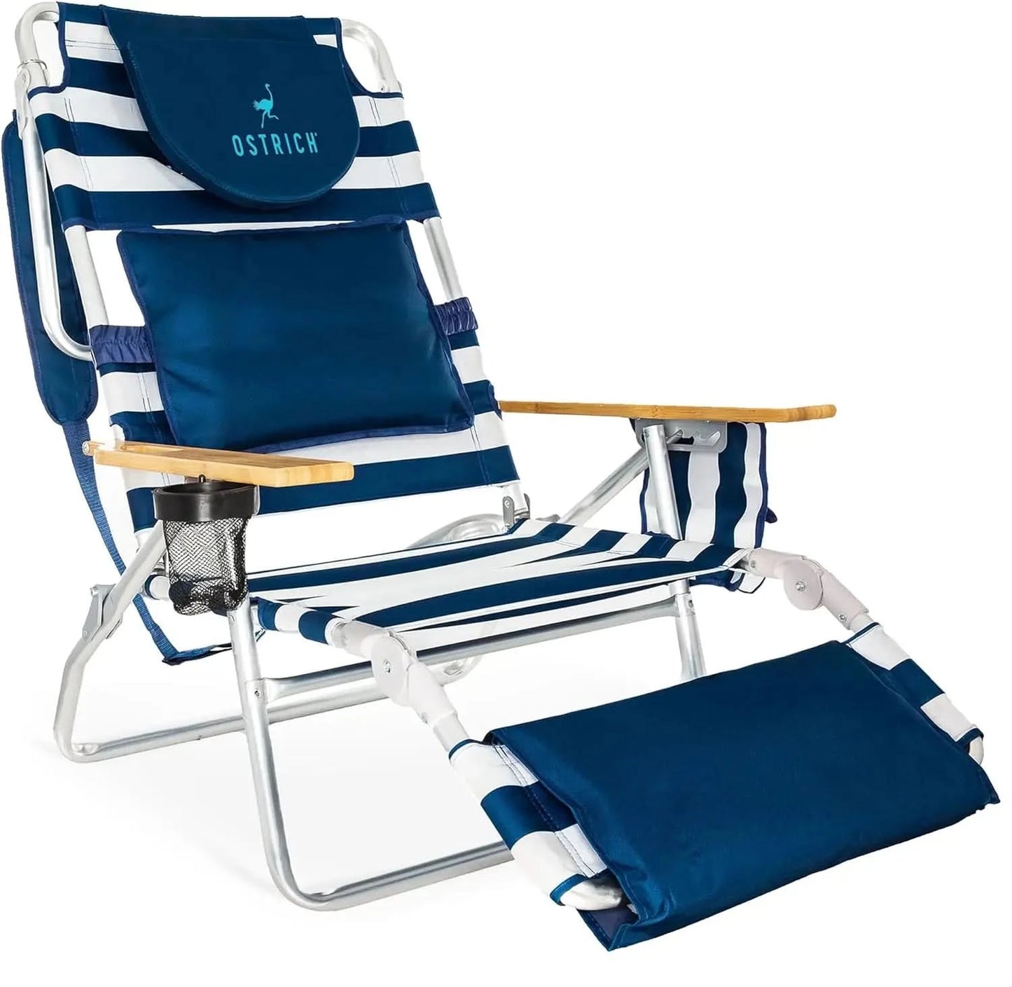Ostrich Deluxe 3N1 Padded Beach Chair w/ Face Cushion & Arm Holes, Teal - Lightweight Folding Recliner w/ Adjustable Backrest