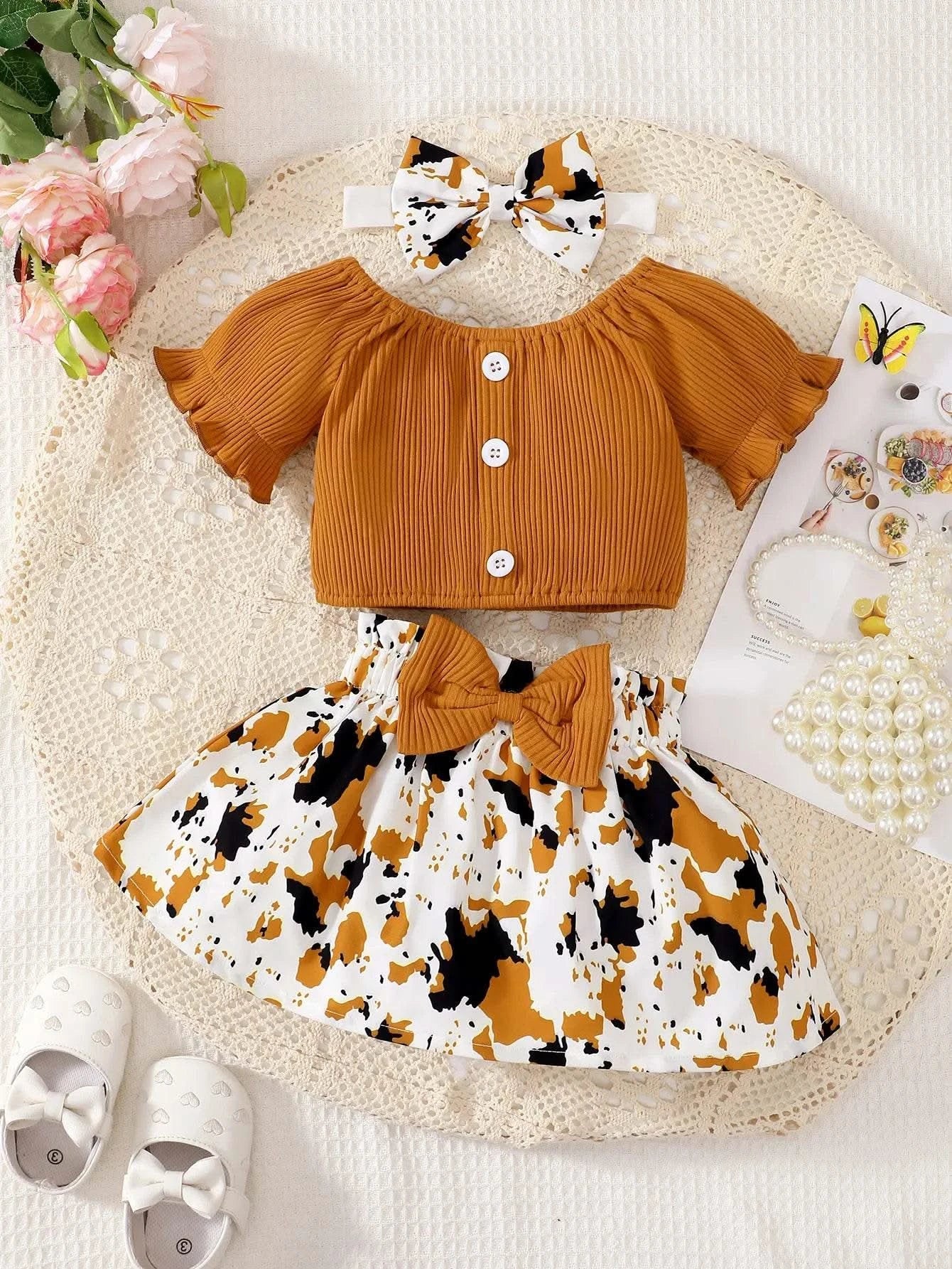 Baby Girl Summer Two-Piece Set Cute Casual one Shoulder Buckle Bow Short Skirt Set Headband Two-Piece Set - M & M Global