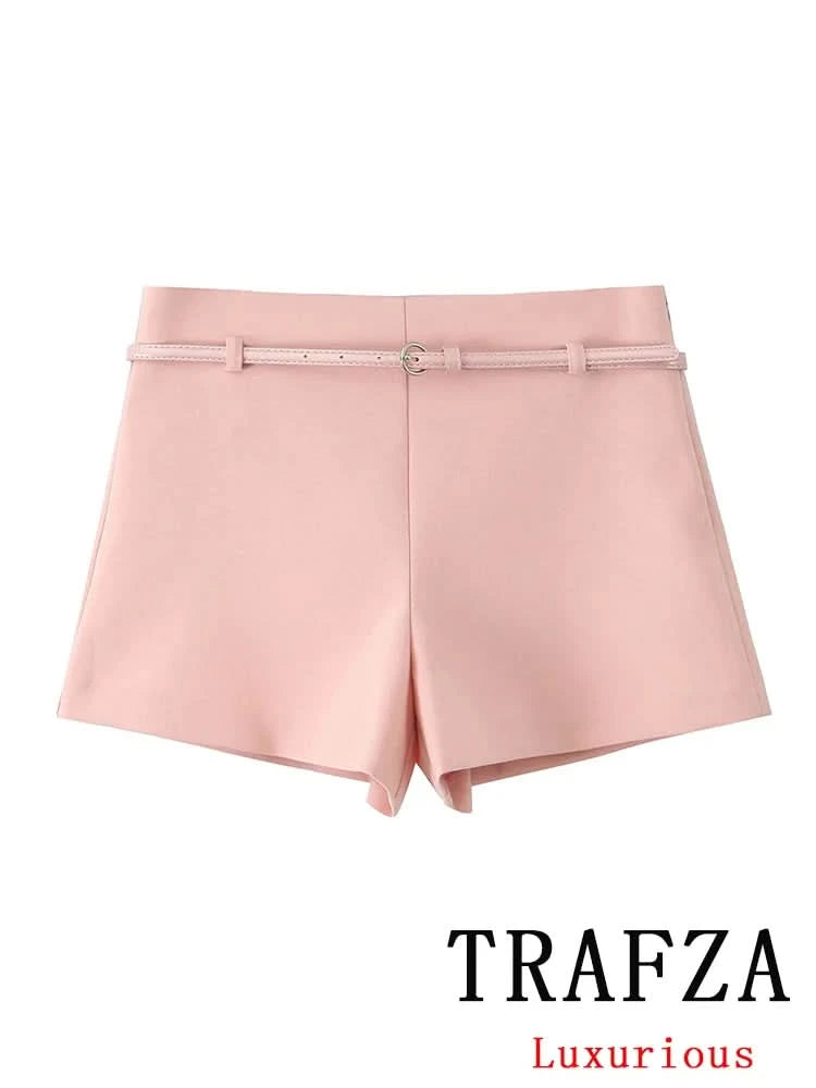 TRAFZA Vintage Chic Solid Women Suit V Neck Sleeveless Sashes Vest Blazer Straight Shorts New Fashion 2025 Summer Office Sets - M & M Global