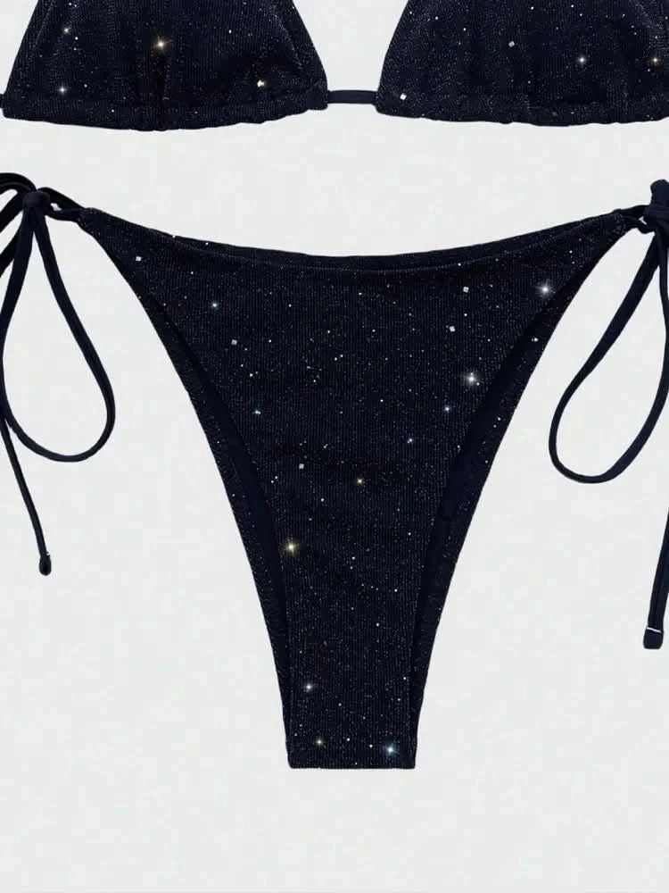 Sexy Laced Up Sequins Bikini 2 Piece Set Women Solid Split Swimsuit High Waist Beach Bikini 2025 New Summer Swimwear Bikinis Set - M & M Global