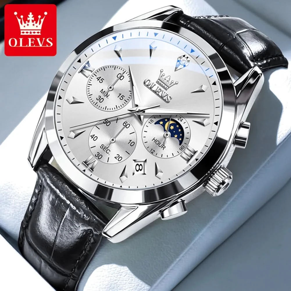 OLEVS Original Watch Leather Strap Moon Phase Luminous Quartz Watches for Man Waterproof Calendar Business Trend Wristwatch - M & M Global