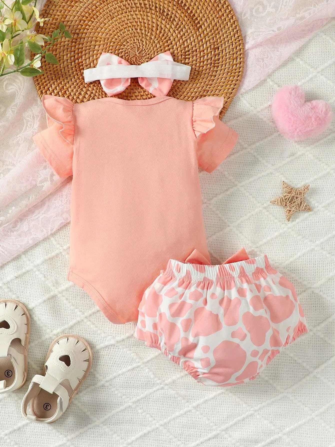 0-2 Year Old Baby Summer Solid Color Short Sleeved Letter Printed Round Neck Bread Shorts Bow Set Baby Clothing - M & M Global