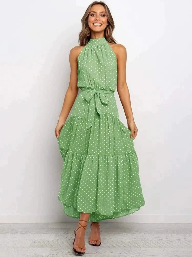 Summer Floral Print Halter Neck Dresses For Women Sleeveless Leace-up Long Dress Casual Beach Holiday Vestidos Female Clothing - M & M Global