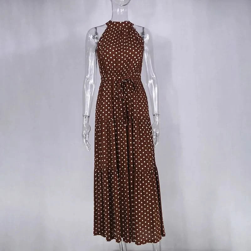 Summer Floral Print Halter Neck Dresses For Women Sleeveless Leace-up Long Dress Casual Beach Holiday Vestidos Female Clothing - M & M Global