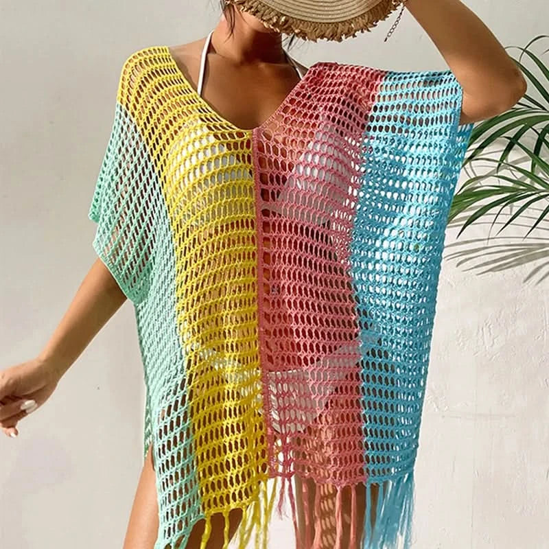 Knitted Contrast Tassel Bikini Summer Beach Cover Up Sexy Hollow Out Women V Neck Loose Beachwear Sunscreen Smock - M & M Global