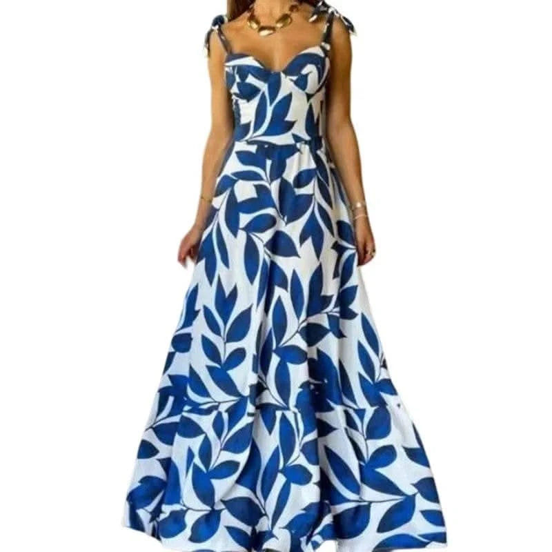 BAMBOOBOY Summer Print Long Dress Women Clothing Lace Up Party Dresses Pattern Spaghetti Strap Ladies V-Neck Beach Sundress - M & M Global