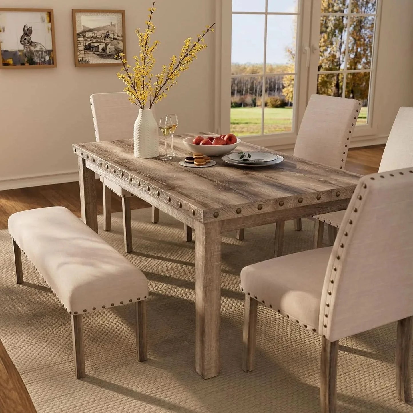 Rustic Dining Table, Farmhouse Kitchen Dining Chairs , Charming 60" Rectangular Wooden Table& Upholstered