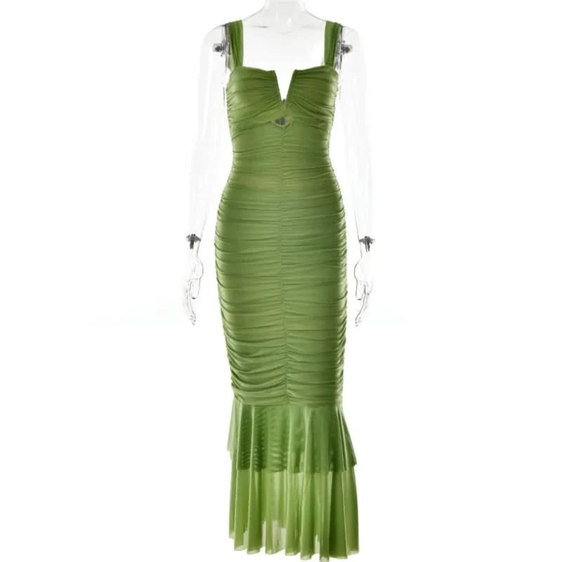 Mozision Hollow Out Backless Ruched Maxi Dress For Women Robe Elegant Spaghetti Strap Sleeveless Bodycon Party Long Dress - M & M Global