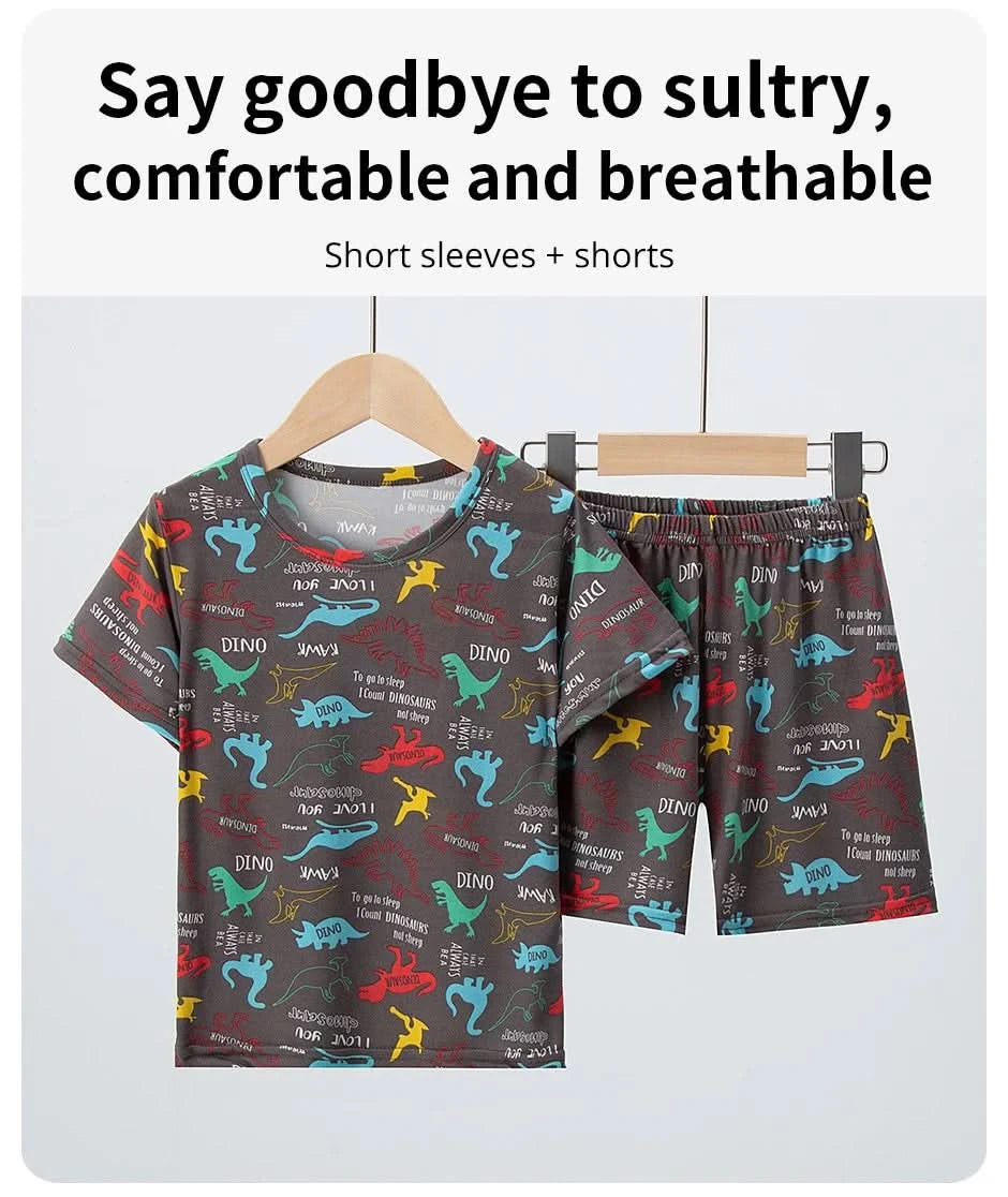 Summer CHILDREN'S Shorts and Short Sleeves 2-piece Cute Dinosaur Home Clothes Boys and Girls Casual Joker Suit. - M & M Global