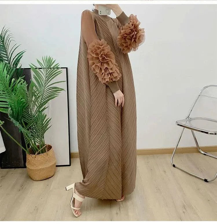 ANLAN Miyake Pleated Maxi Long Dress Mesh Petal Sleeve Half Turtleneck Formal Dresses for Women 2024 New Hot Sales 6KK9927 - M & M Global