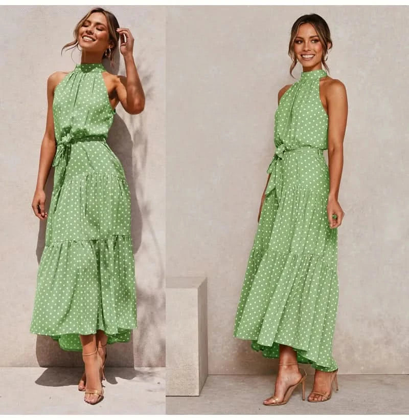 Summer Floral Print Halter Neck Dresses For Women Sleeveless Leace-up Long Dress Casual Beach Holiday Vestidos Female Clothing - M & M Global