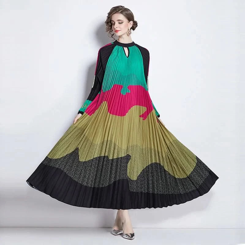 Spring Holiday Print Long Dress For Women Fashion Loose Lantern Sleeve Party Robe Female Big Swing Tassels Belt Pleated Clothes - M & M Global
