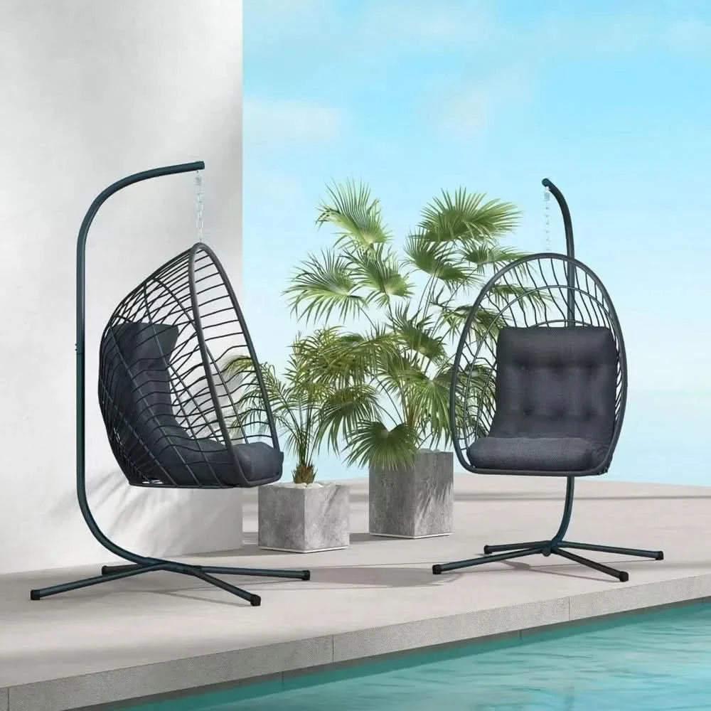 Hanging Egg Chair with Stand Indoor Outdoor, Foldable Rattan Wicker Hammock Egg Swing Chair for Bedroom Porch Patio Garden