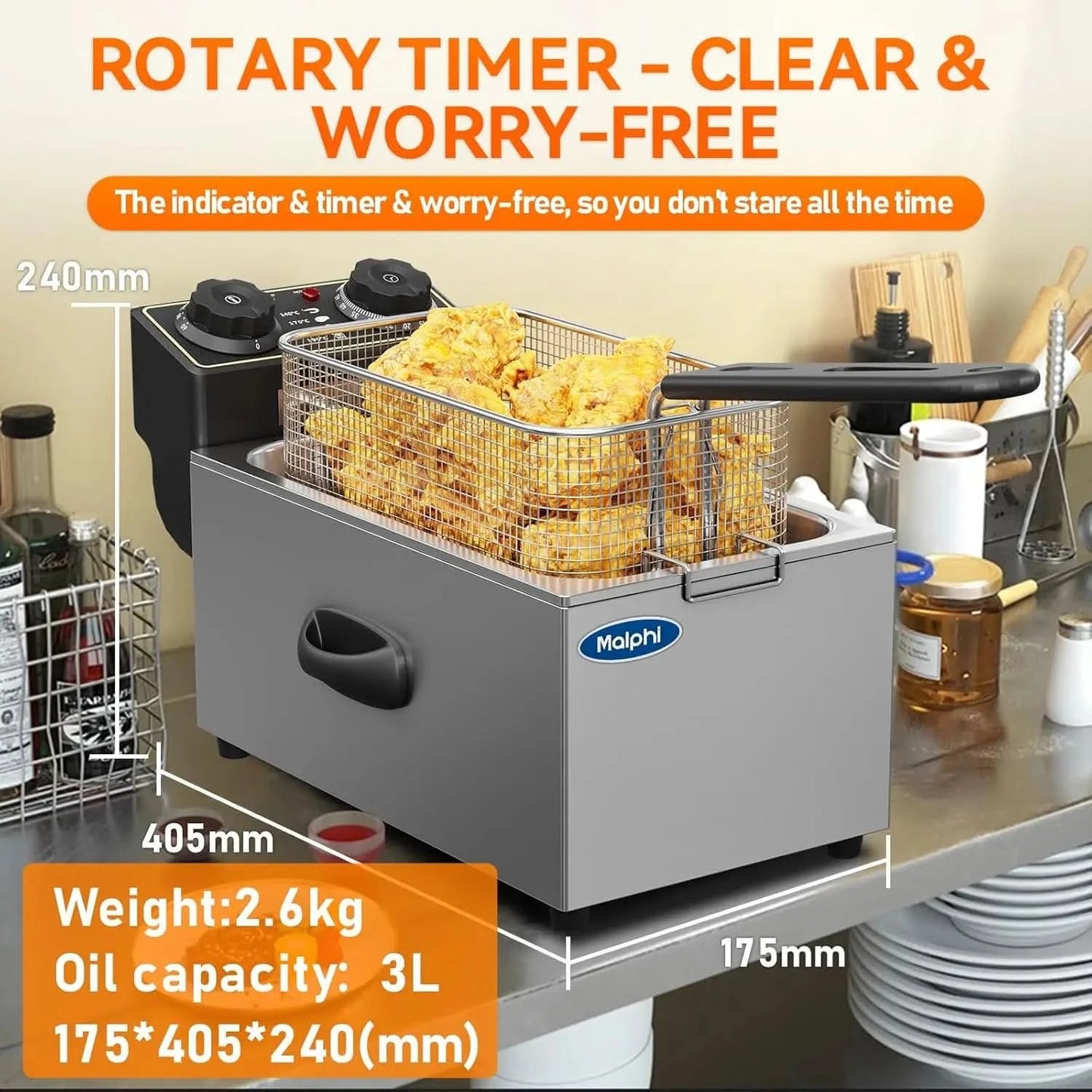 3 Litre Deep Fat Fryer Adjustable Temperature, Chip Pans - Basket & Lid - Fast 2000w High Power, Electric Oil Pot - Overheat Pro - M & M Global