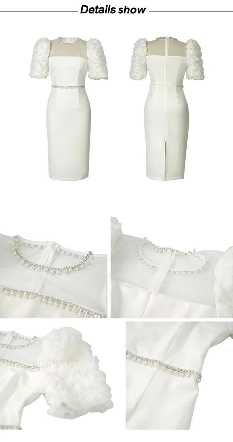 Fashion Elegant Formal Dresses Sweet Celebrity Beaded White Long Dress Sheer Mesh Flowers Split Robe Femme Prom Party Vestidos - M & M Global