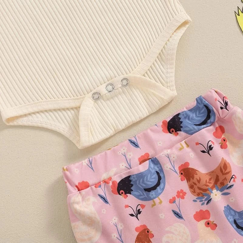 Toddler Girl 3 Piece Summer Set Floral Print Sleeveless Romper with Ruffle Trim Denim Shorts Bow Headband Outfit - M & M Global