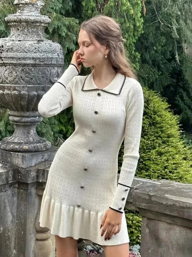 TARUXY High Waist Ruffled Maxi Dresses For Women Autumn Winter Knitted Slim Long Dress Women's Vintage Dress Woman Retro Elegant - M & M Global