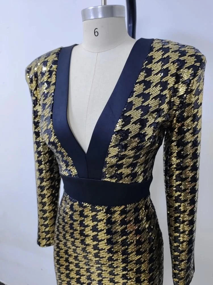 Sexy V Neck Bird Lattice Sequins Maxi Dress Women Black Gold Sequin Long Sleeves Bocycon Long Dress Runway Evening Party Gown - M & M Global