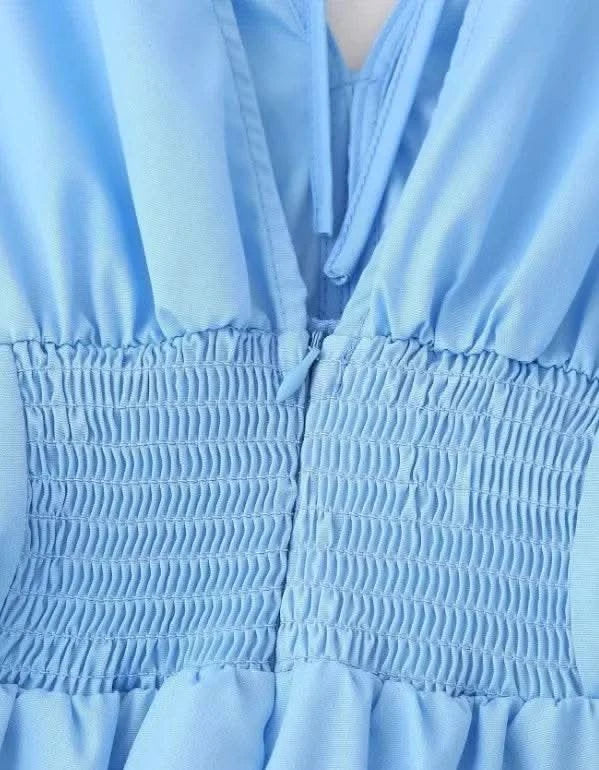 Blue V-Neck Waist-Fitted Bow-Decored Long Dress For Women Fashionable And Elegant European And American Style - M & M Global