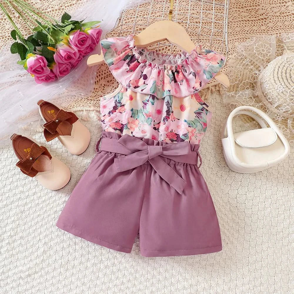 Kids Casual Summer Clothing Sets Outfits for Girls 2024 New Toddler Floral Print Ruffles Tops Short Pant Fashion Children 1-8Y - M & M Global