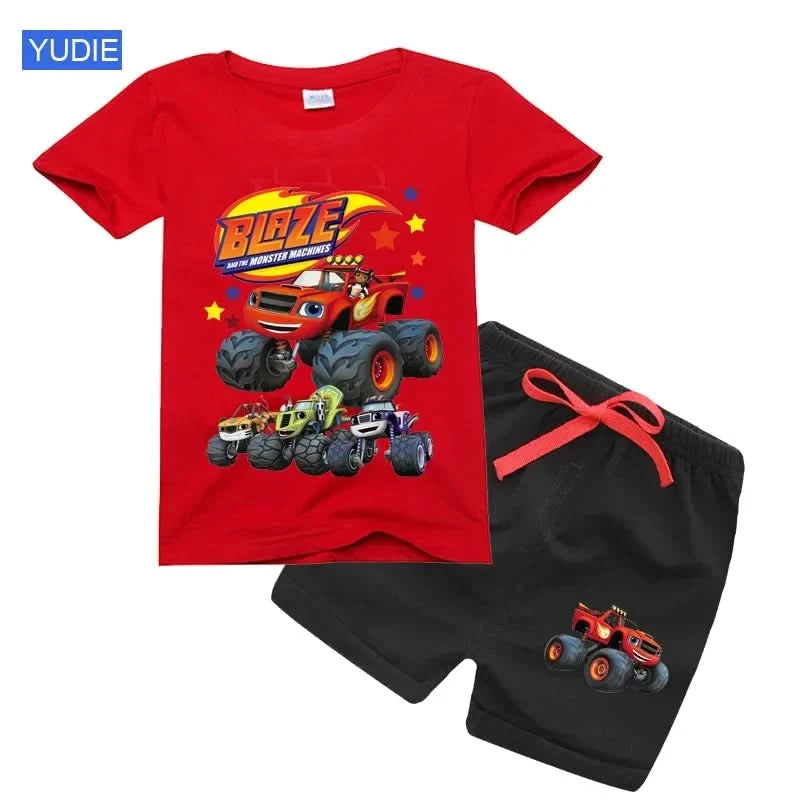 2025 Summer Baby Boy Clothes Set Cartoon Blazing Speed Cars Monster Machines Children Girl Short Sleeve T Shirt+Shorts 2PCS Suit - M & M Global